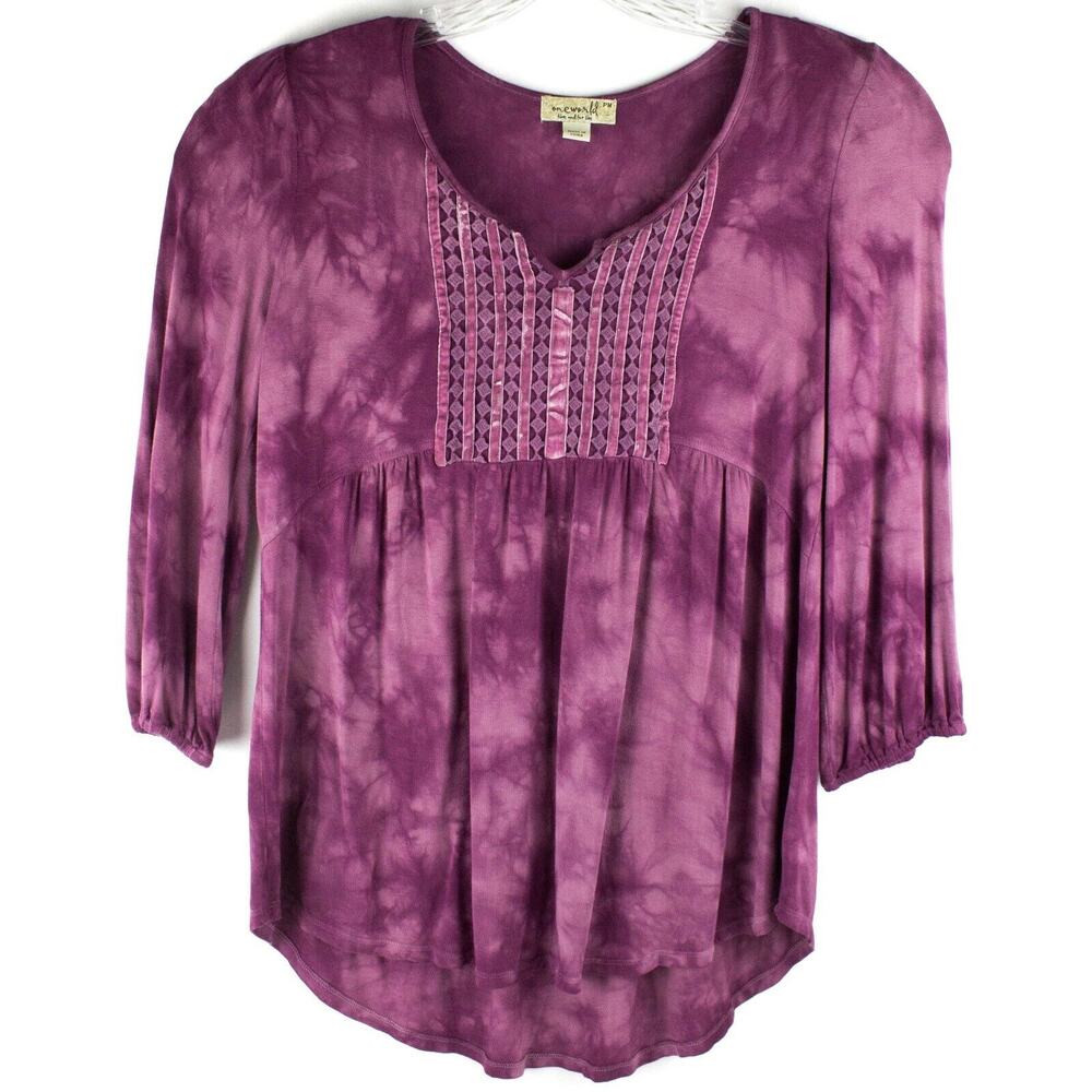 ONE WORLD V Neck Velvet Detail 3/4 Sleeve Top SIZE Petite MED